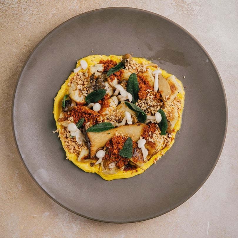 Stone House's New American dish featuring mushrooms, red spice, and herbs on a yellow base.