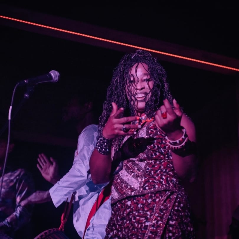 A woman with dreadlocks and a patterned dress sings into a microphone on a dark stage.